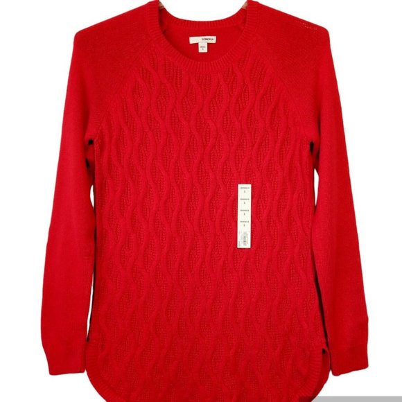 Sonoma Cable Knit Crewneck Sweater  women's SMALL  Cheeries RED  Scoop Hem  NWT - Picture 1 of 8